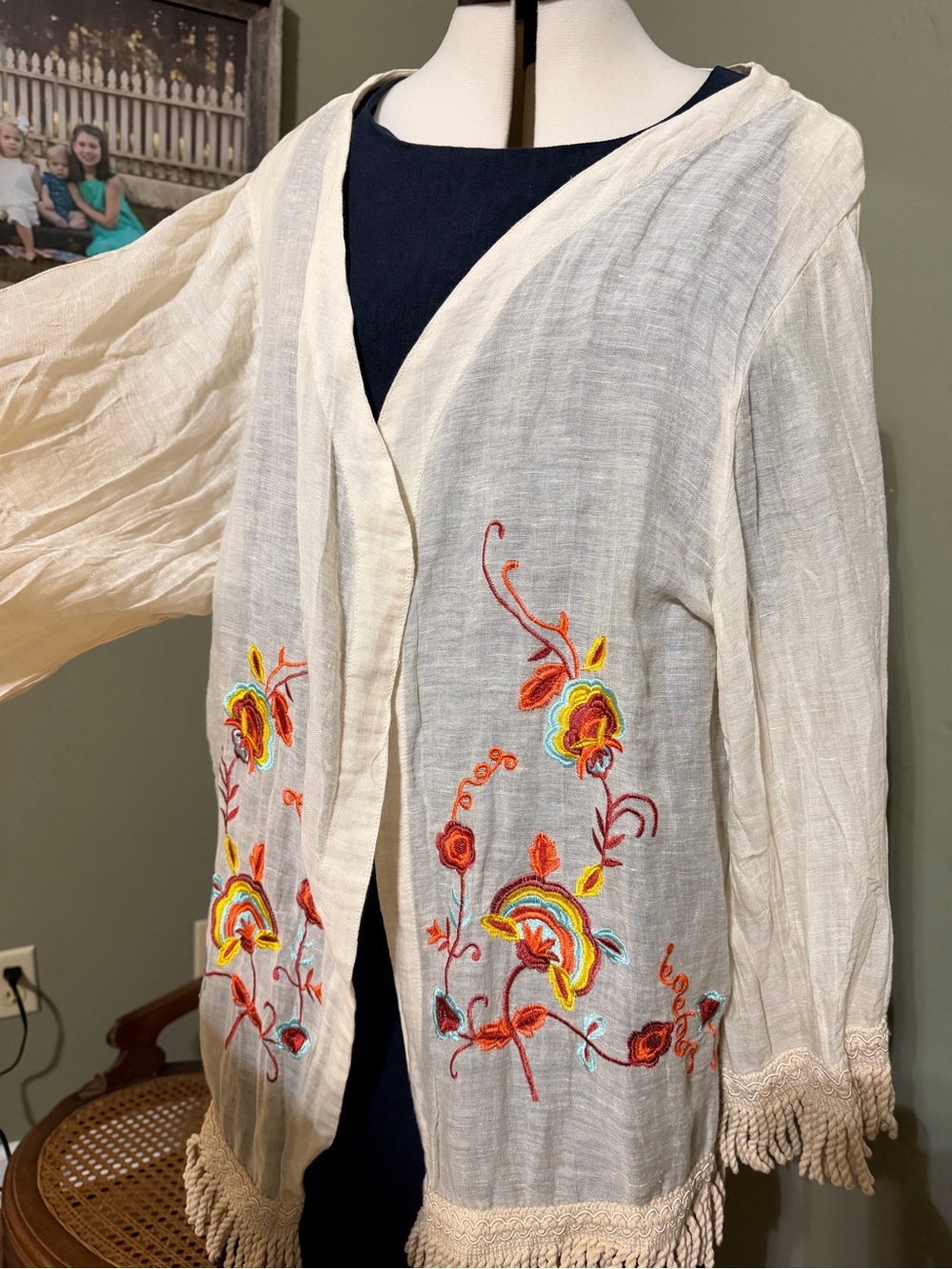 Vintage Havana Linen Embroidered Boho Kimono Cardigan Fringe Medium